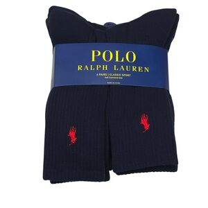 Ralph Lauren Navy Crew Socks with Red Pony Embroidery - 6 Pack
